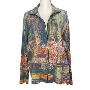 Chico's Size 3 (XL) 100% Cotton Abstract Colorful Boho Zip Lightweight Jacket